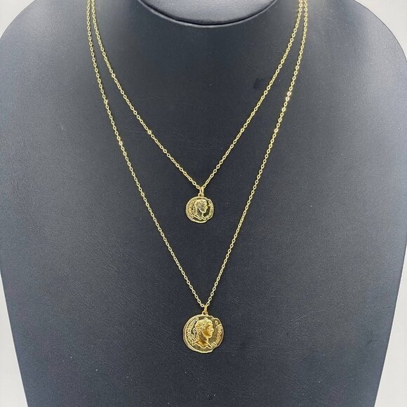 Sha Shi Queen Coin Double Chain Necklace Spring Ring Gold Tone 16-18 Inches - Picture 3 of 6